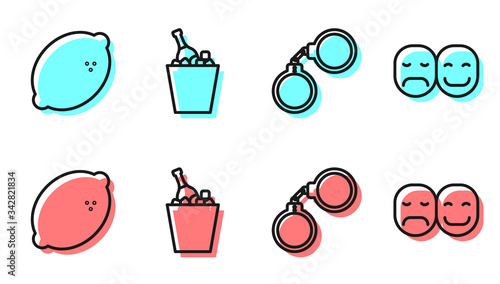 Set line Handcuffs, Casino slot machine with lemon, Champagne in an ice bucket and Poker player icon. Vector