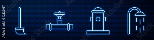 Set line Fire hydrant, Mop, Industry pipe and valve and Shower. Glowing neon icon on brick wall. Vector