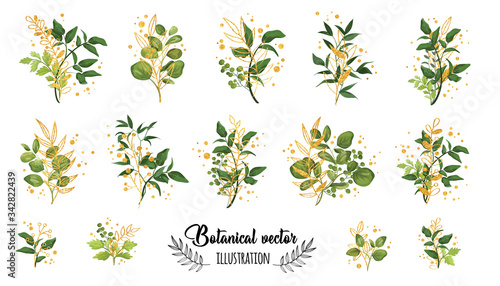 Collection romantic gold and green watercolor leaves. Elegant plants for design, brand name, wedding invitation thanks card on white background.