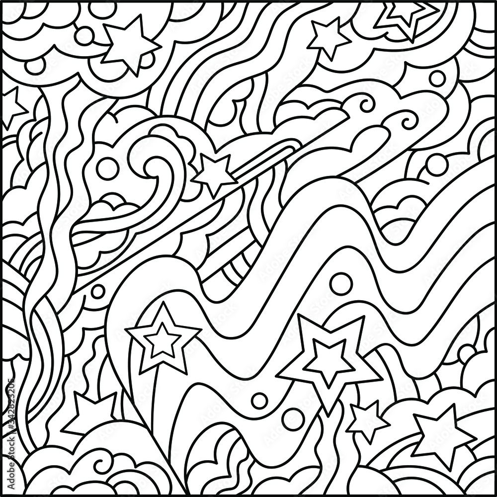 Coloring page with stars and abstract shapes intertwined