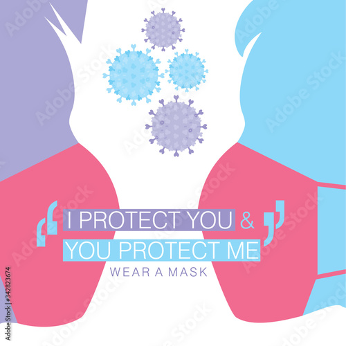 Poster design on individuals wearing face masks emphasizing on protecting each other from pandemic diseases like influenza flu and coronavirus
