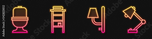 Set line Wall sconce, Toilet bowl, Bathroom rack with shelves for towels and Table lamp. Glowing neon icon. Vector