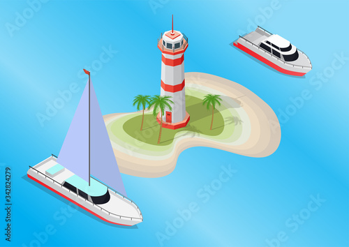 Isometric of island with lighthouse and ships on the sea