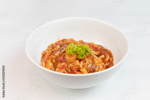 Spaghetti Seafood in a White Cup White Background