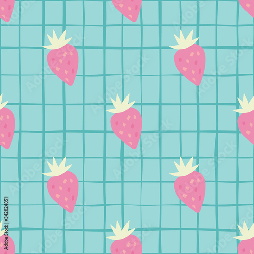 Strawberries doodle style wallpaper. Simple strawberry seamless pattern on stripes background.