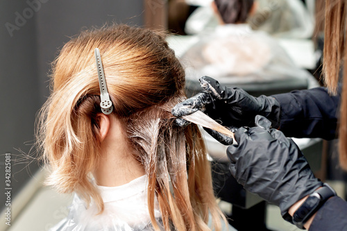 Hairdresser hands is dyeing hair of woman in hair salon.