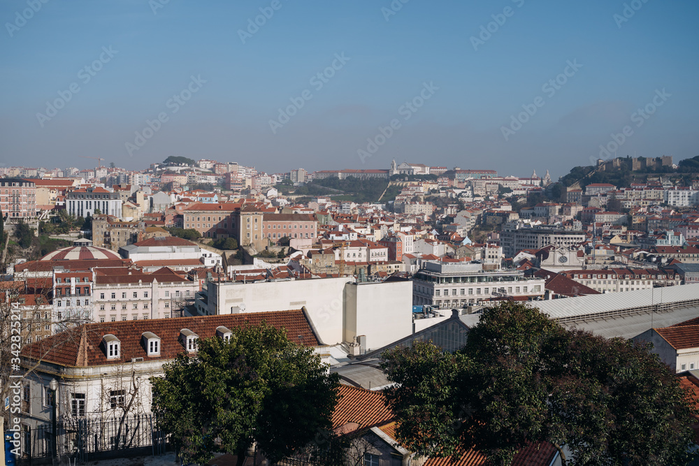 Beautiful cityscape panorama. Top view on the old town in Lisbon city, Portugal