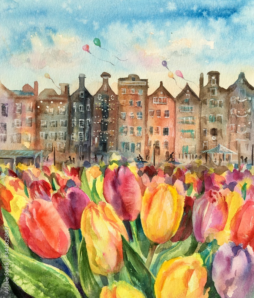 Watercolor  landscape of tulips on the background of the channel and buildings in Amsterdam. City canal. Netherlands. Copy-space. Template for designs, card, posters, wallpaper.
