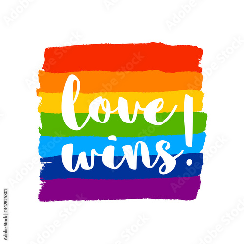 Poster with brush drawn rough stripes on white background in rainbow colors and Love wins lettering. LGBT culture sign. Gay pride design element. 