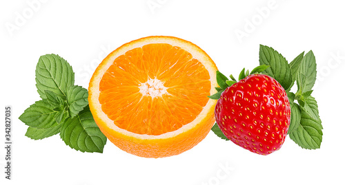Ripe orange mint and strawberry. isolated on white background