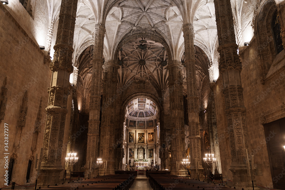 Interior of Church in Jeronimos Hieronymites monastery in Lisbon, Portugal