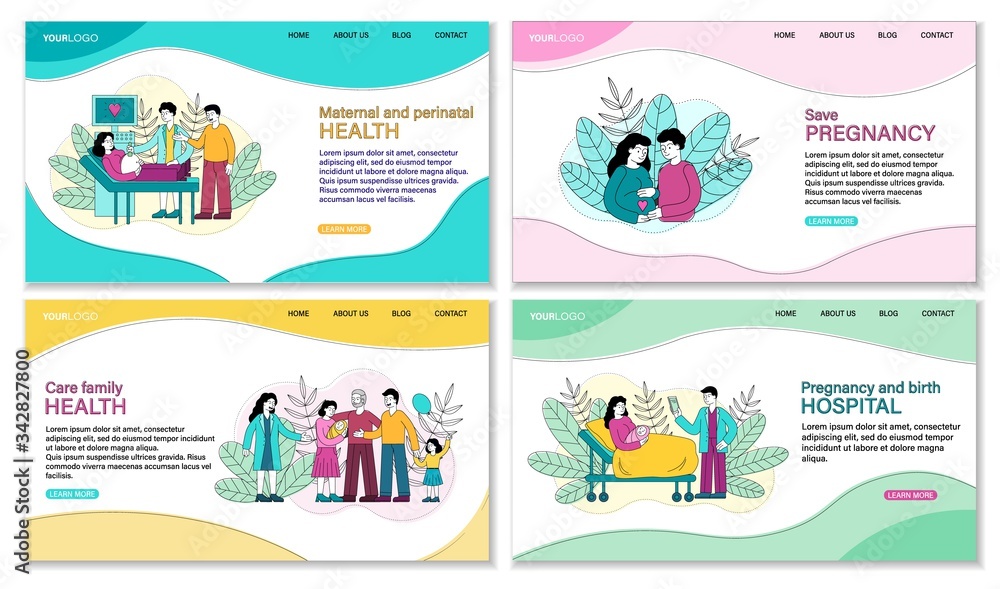 Set of four Pregnancy related templates showing a family with newborn at a doctor, couple bonding with their unborn child, woman in hospital and having a scan, vector illustration with copy space Set of four Pregnancy related templates showing a family with newborn at a doctor, couple bonding with their unborn child, woman in hospital and having a scan, vector illustration with copy space