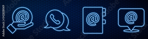 Set line Address book, Mail and e-mail in hand, Telephone with speech bubble chat and Mail and e-mail. Glowing neon icon on brick wall. Vector