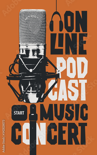 Vector banner for an online podcast music concert with a Studio microphone and headphones on an orange background. Suitable for advertising, poster, flyer, invitation, cover, web page