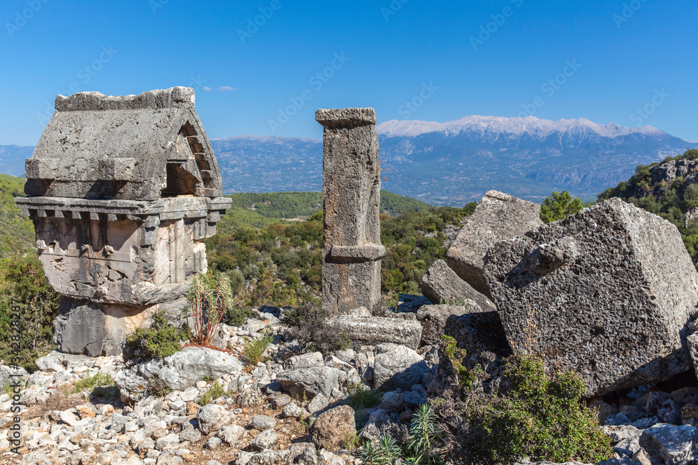 The sarcophagus in the necropolis in the ancient city of Pinara, Fethiye, Turkey.
