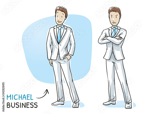 Young man in business suit standing in two emotions, happy and angry. Hand drawn cartoon sketch vector illustration, whiteboard marker style coloring. 
