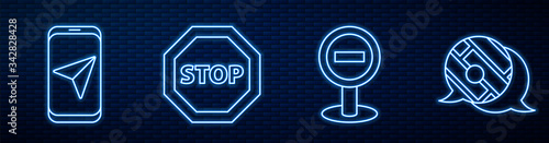 Set line Stop sign, City map navigation, Stop sign and Infographic of city map navigation. Glowing neon icon on brick wall. Vector