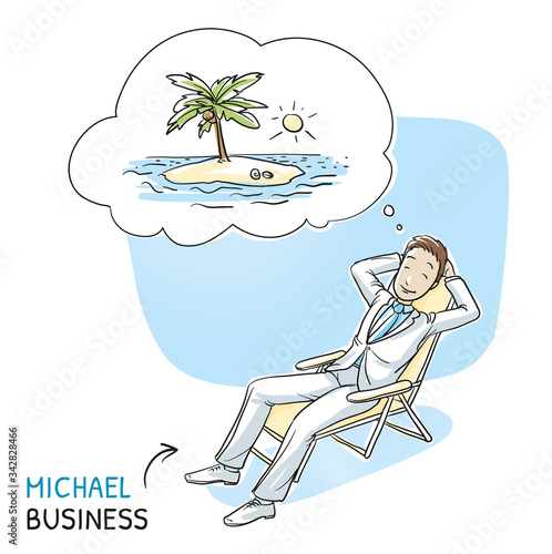 Happy young man in business suit relaxing in a deck chair dreaming of summer holiday with thought bubble. Hand drawn cartoon sketch vector illustration, whiteboard marker style coloring. 