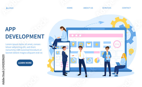 App development with various coders or developers in discussion in front of a laptop screen and mobile phone, colored vector illustration with copy space