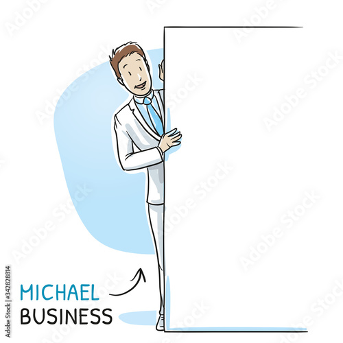 Happy and interested young man in business suit peering behind a wall. Hand drawn cartoon sketch vector illustration, whiteboard marker style coloring. 