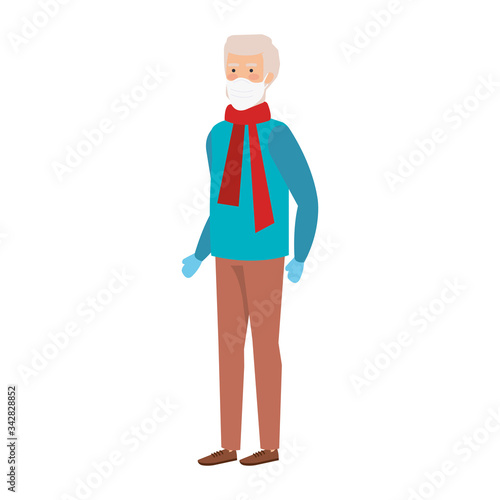 old man with scarf using face mask isolated icon vector illustration design