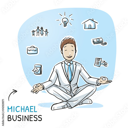  Happy young business man sitting in yoga pose with icons of easily organizing life, business and family around him. Hand drawn cartoon sketch vector illustration, whiteboard marker style coloring. 