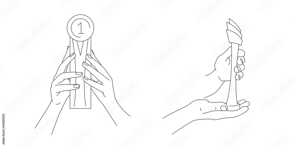 Hands Holding Trophy Cup vector line illustration in two foreshortening gesture positions, realistic sketch graphic, sport or compatition award, isolated