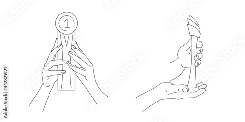 Hands Holding Trophy Cup vector line illustration in two foreshortening gesture positions, realistic sketch graphic, sport or compatition award, isolated