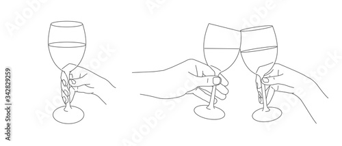 Hands holding glasses of wine and champagne. Cheers gesture with wine, Ink line sketch collection isolated on white background. Hand drawn vector illustration, hands in three positions