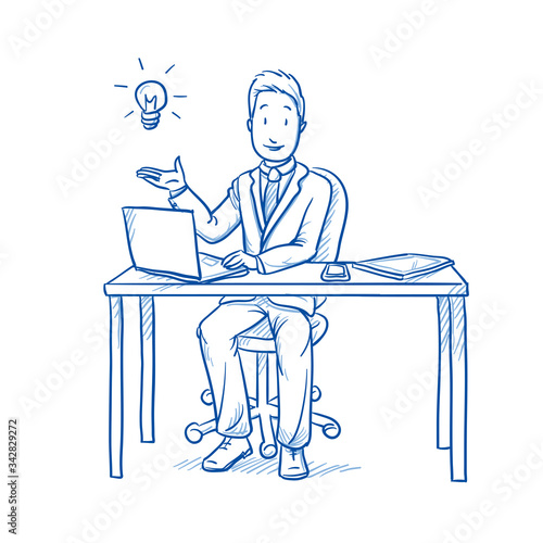 Happy business man, employee at his desk with laptop, tablet and smart phone holding hand with light bulb. Concept for idea. Hand drawn line art cartoon vector illustration 