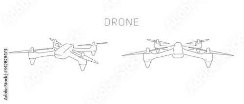 Line illustration of flying drone in two positions, simple line graphic sketch, isolated