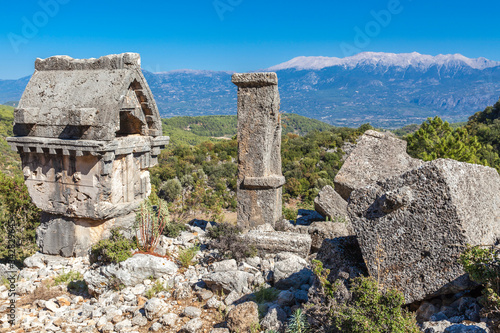 The sarcophagus in the necropolis in the ancient city of Pinara, Fethiye, Turkey. photo