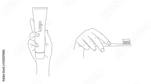 Illustrations of hand holding toothpaste and toothbrush with paste on it, dental hygiene, line realistic graphic, isolated