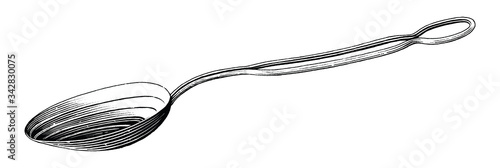 Vintage measuring spoon hand drawing engraving illustration black and white clip art isolated on white background