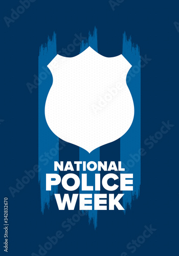 National Police Week in May. Celebrated annual in United States. In honor of the police hero. Police badge and patriotic elements. Officers Memorial Day. Poster, card, banner. Vector illustration