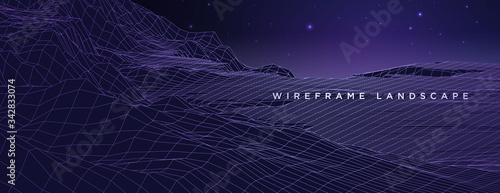 wireframe landscape vector. futuristic digital 3d low poly grid terrain mountain background illustration