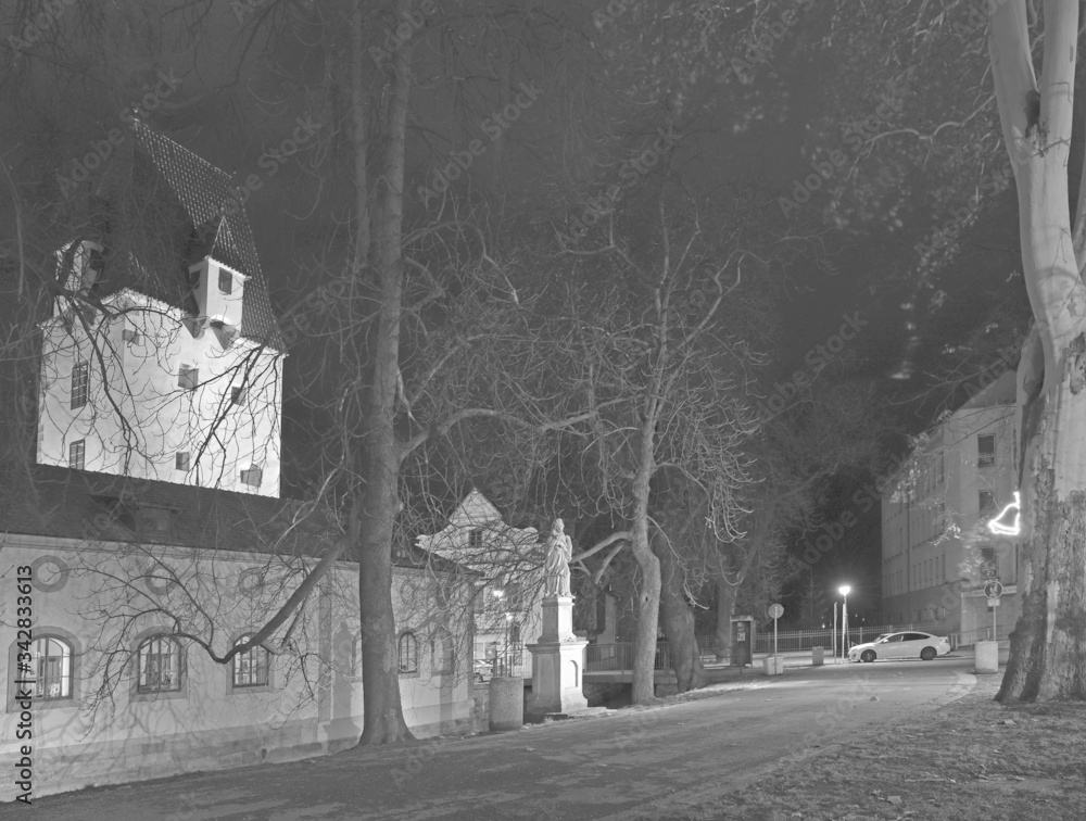 Fototapeta premium park in the centre ov Ceske Budejovice with the Rabenstejn tower in the night