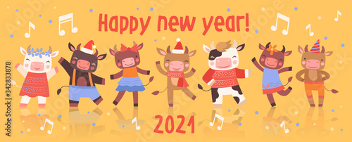 Happy New Year card design with cute little dancing cartoon cattle in colorful party clothes with cows and bulls celebrating the 2021 holiday season and text , vector illustration