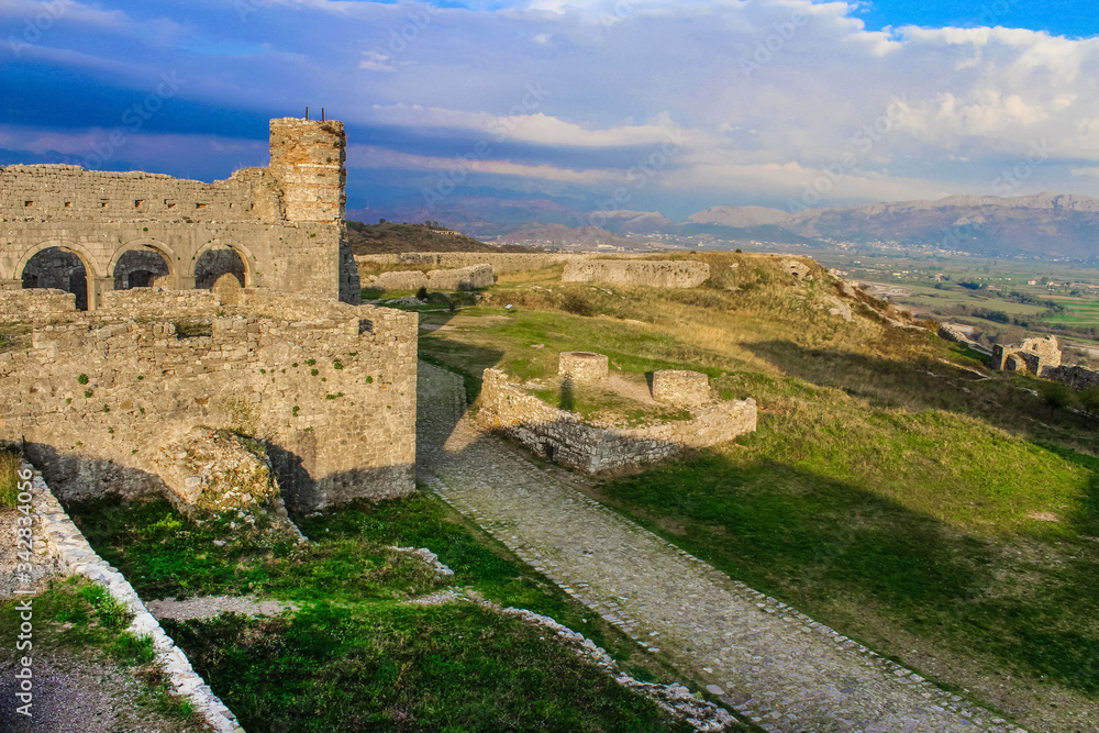 Beautiful bird eye view on ruins of Rozafa Castle in Shkoder, Albania