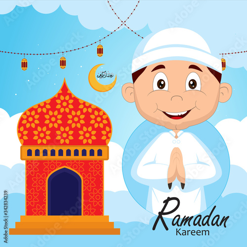 ramadan greeting card design with ramadan kareem cartoon character design.Translated: Happy & Holy Ramadan. Month of fasting for Muslims. Arabic Calligraphy