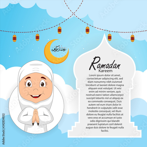 ramadan greeting card design with ramadan kareem cartoon character design.Translated: Happy & Holy Ramadan. Month of fasting for Muslims. Arabic Calligraphy