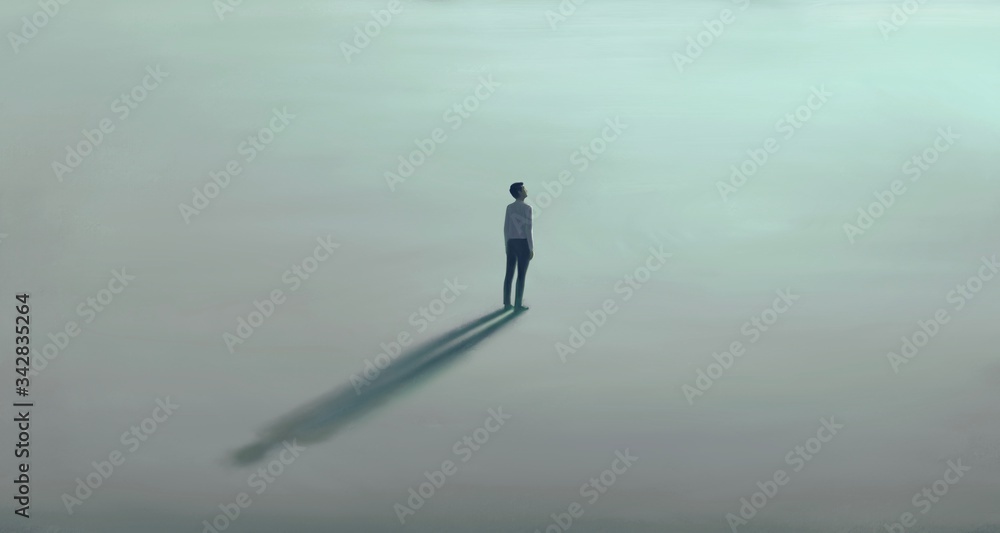 Lonely young man with the light. painting illustration - obrazy, fototapety, plakaty 