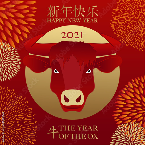 Carte de voeux 2021, pour l’année chinoise du bœuf avec la tête de l’animal sur un fond rouge et or - traduction : bonne année, bœuf.
