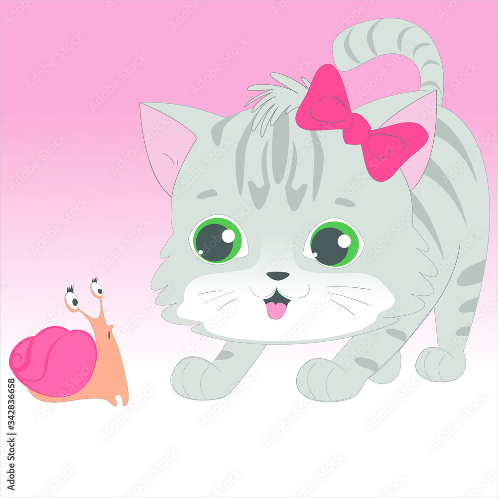 Cute little cat and snail vector character illustration. Kitten collectrion Cute little cat and snail vector character illustration. Kitten collectrion