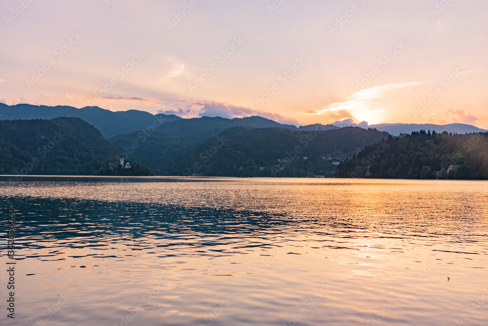 Sunset on Lake Bled in Slovenia