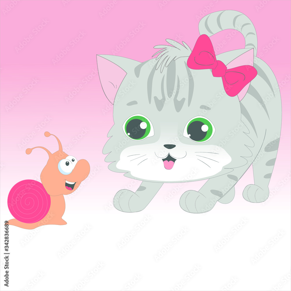Sweet little cat and snail vector character illustration