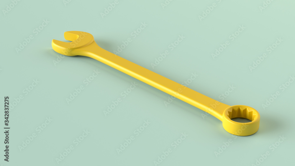 Yellow monochromatic spanner on the green background. 3d render. Yellow monochromatic spanner on the green background. 3d render.