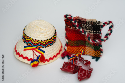 romanian traditional straw hat and popular, peasant bag,Maramures,ROMANIA