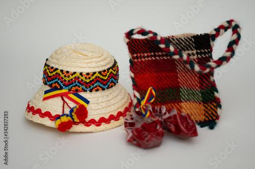 romanian traditional straw hat and popular, peasant bag,Maramures,ROMANIA