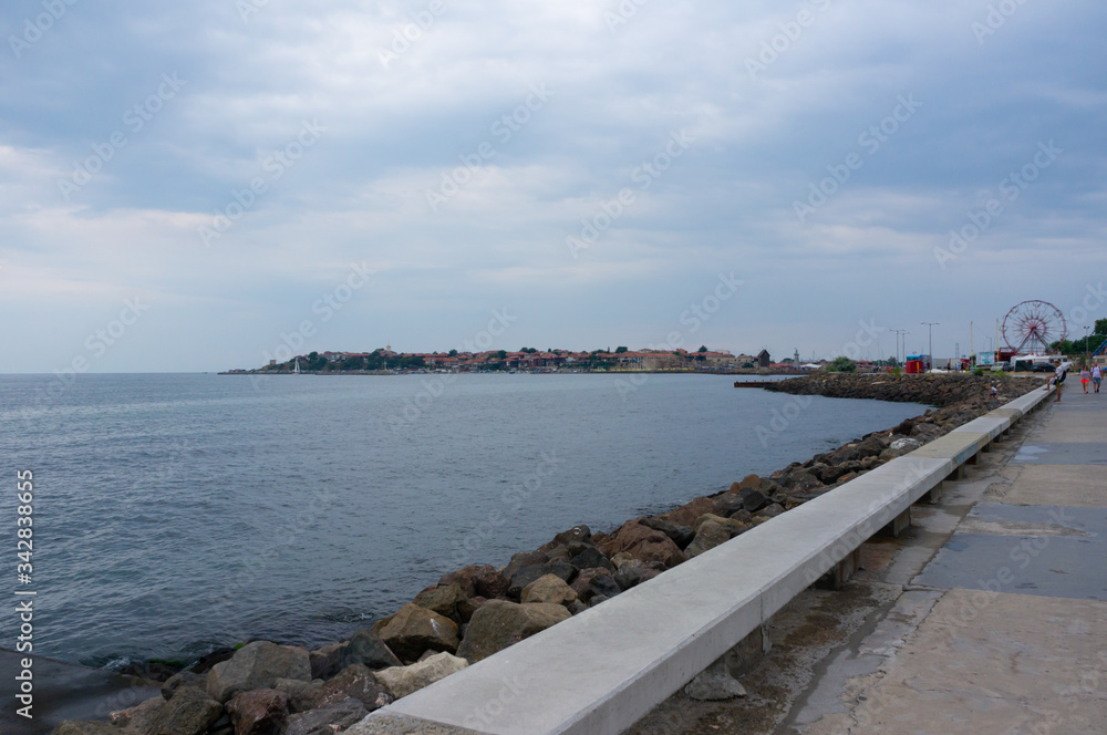 Sea coast cloudy weather. Nessebar Bulgaria